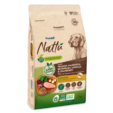 Racao Premier Nattu Caes Adultos Mandioca 12kg lateral